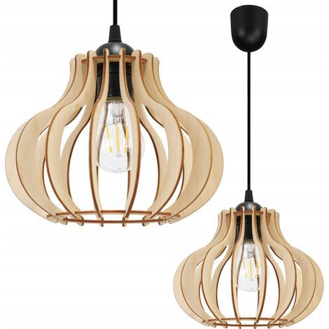 Lampe suspendue en bois 23 cm – Hauteur réglable jusqu'à 95 cm – Abat-jour beige et marron – Pour éclairage intérieur moderne (1/5)