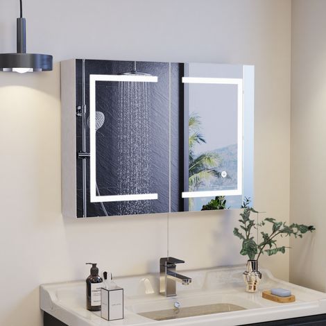Armoire Murale Salle De Bain avec Miroir et LED éclairage Double Porte, Armoire de Toilette Miroir avec Étagère Réglable, Température de Couleur Réglable, Interrupteur à Capteur Tactile (1/5)