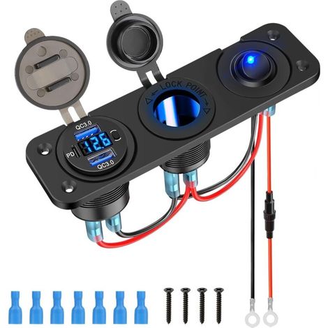 USB Power Strip, Cigarette Lighter Splitter, Dual QC3.0 Charger with USB A and USB C and LED Voltmeter for 12V/24V Cars (1/4)