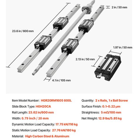 VEVOR Linear Rail Guide Kit, HGR20, 2PCS 600 mm (23.62 inch) Linear Rails and 1PCS Ball Screw, 4PCS Slide Blocks, with BF12/BK12 End Support, Coupling, and Nut Housing, for DIY CNC Routers Lathes (1/4)