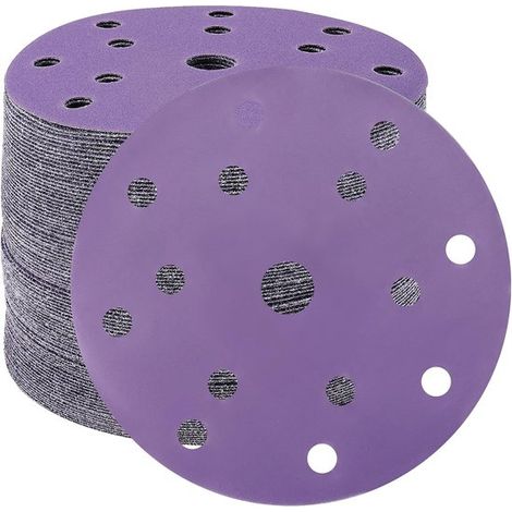 Discos de lijado de 150 mm, papel de lija de grano 600, 50 unidades, discos de lijado de 15 agujeros para lijadora orbital (morado) (1/2)
