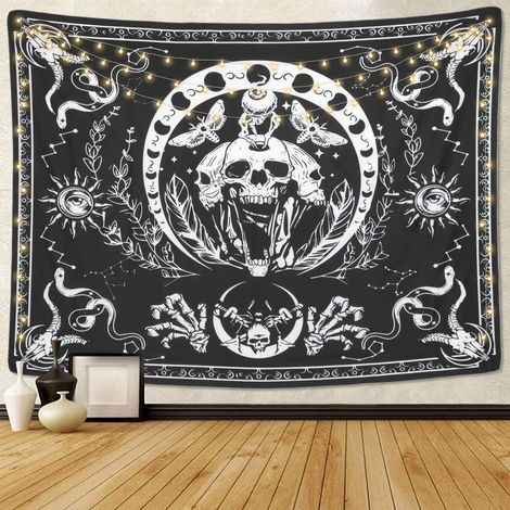 Tapis mural crâne squelette noir et blanc, tenture papillon de nuit et serpent, mandala lune décoration murale, grande affiche tissu 130x150cm, lot de 1 pièce (1/5)