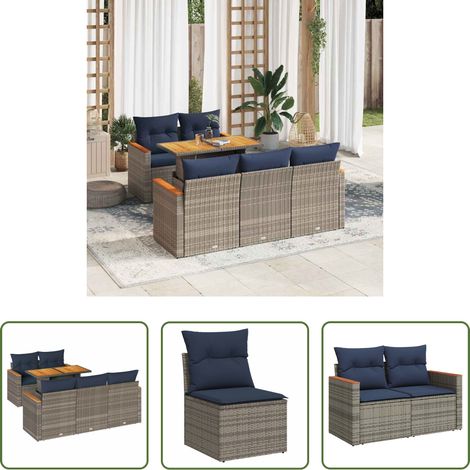 Terrassensofa -  6-tlg. Garten-Sofagarnitur mit Kissen Grau Poly Rattan (1/5)