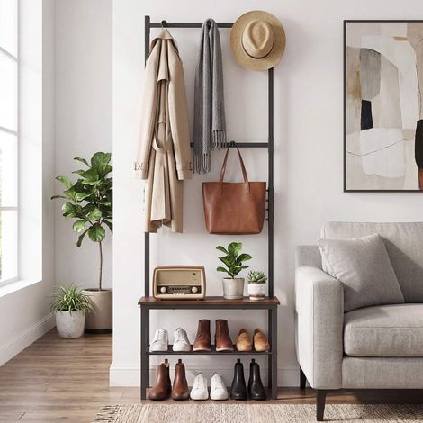 Rustic Brown Hall Tree Bench with Hooks and Shoe Storage (1/5)
