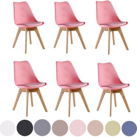 Ensemble de 6 chaises de salle à manger rétro Lorenzo - Rembourrée en similicuir, corps en plastique et pieds en bois massif - Rose