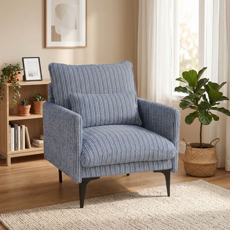 Fauteuil lounge rembourré en tissu effet lin avec accoudoirs, coussin lombaire et assise large, bleu (1/5)