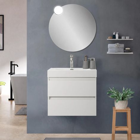 Mobile bagno sospeso 60 cm bianco lucido con due cassetti e lavabo alto in resina Leda (1/5)