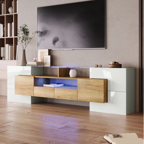 Mueble TV 200x35x60 cm natural y blanco brillo en MDF con LED, 6 puertas, 2 cajones y superficie de vidrio (1/5)