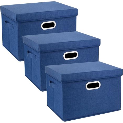 Grande Boîte de Rangement avec Couvercle, Tissu, Pliable, Lavable, Rangement Tissu, 44x30x29 cm, Lot de 3, Bleu Classique (1/5)