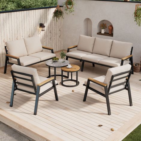 Gartenlounge-Set, Gartenmöbel-Set mit bequemen Kissen, 3-Sitzer-Sofa, 2-Sitzer-Sofa, 2 Sessel und 2 Couchtische, Marmor lackierte Glasplatte und Kunststoff-Holzplatte, verzinkter Stahl, graubeige
