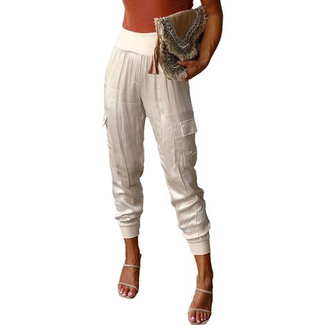 Pantalon de jogging en satin pour femme, taille haute élastique, poches multiples, coupe fuselée, couleur champagne XL (1/5)