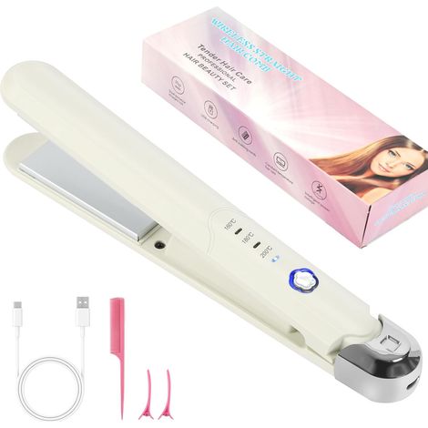 Lisseur Cheveux Sans Fil 2 en 1, Lisseur et Boucleur en Céramique, 3 Températures Réglables 160-200°C, Mini Lisseur Portable avec Peigne et Pinces, Blanc (1/5)