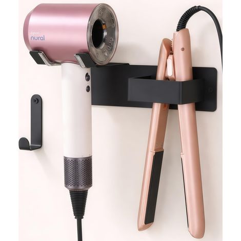 Support pour Sèche-Cheveux et Lisseur, Porte-Föhn en Acier Inoxydable Sans Perçage Support Mural Sans Trous Support pour Sèche-Cheveux et Lisseur avec Fixation par Vis pour Salle de Bain Noir (1/5)