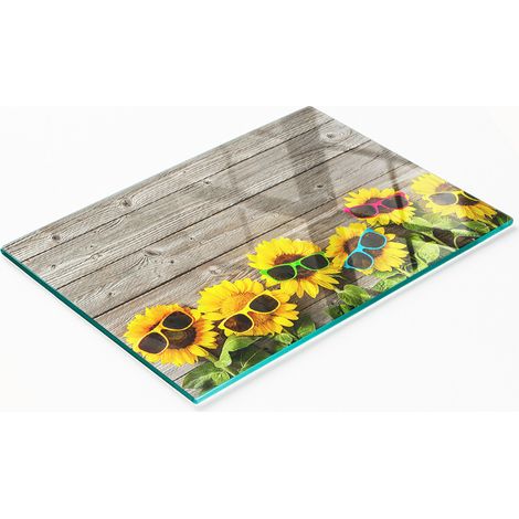 Tabla de cocina de vidrio templado con diseño decorativo de girasoles, 80x52 cm. (1/5)