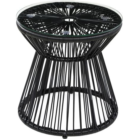 Table d'appoint ronde en PE-Rattan avec plateau en verre trempé noir pour jardin et balcon (1/5)
