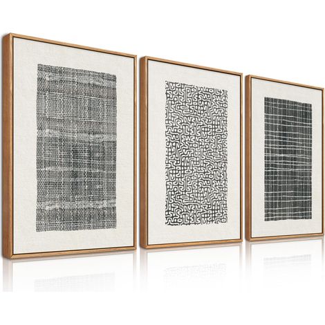 Lot de 3 tableaux muraux abstraits bohème - Lignes beige - Impression sur toile noire et blanche - Décoration murale moderne pour salon, chambre à coucher, bureau, salle de bain - 30 x 40 cm (1/5)