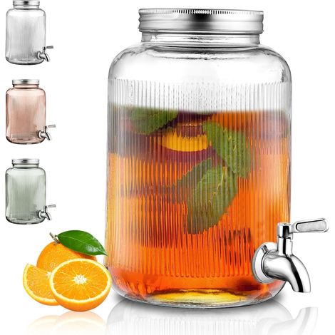 distributeur boisson en verre, réfrigérateur 4L avec robinet étanche en acier inoxydable, distributeur de jus barbecue, pique-, fête à la piscine et événement social (transparent) (1/5)