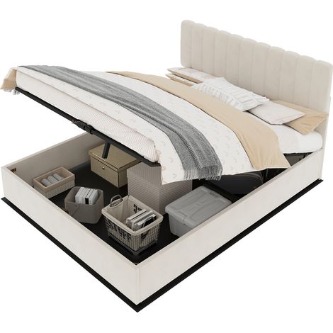 Lit rembourré minimaliste moderne, 140 x 200 cm, beige, meuble de chambre multifonction avec tête de lit douce et confortable, base de rangement haute avec mécanisme de levage à gaz, matelas non inclu