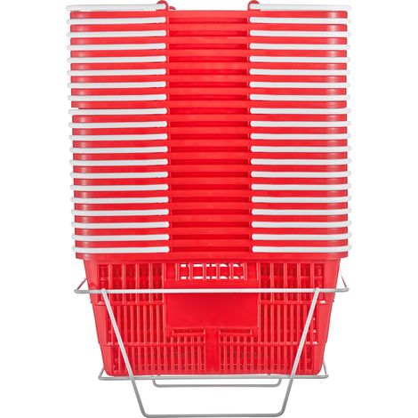 Mophorn Einkaufskorb, 20er-Set, 21 l robuster Einkaufskorb aus Kunststoff mit Griff und Ständer, 41,9 x 30 x 21 cm, tragbarer Einkaufskorb in Großpackung, Supermarkt, Rot