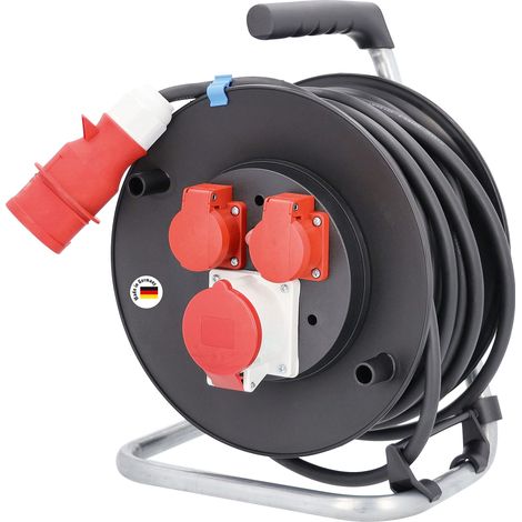 as - Schwabe CEE 10155 - Avvolgicavo 25 m, H07RN-F 5G1,5, 2 prese con contatto di protezione 230 V, 1 presa CEE a 5 poli, 400 V 16 A, coperchio ribaltabile, per esterni e cantieri, colore: Nero (1/3)