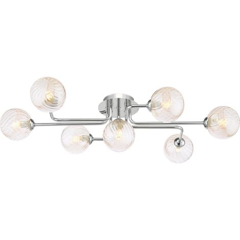 Dar Reyna Plafonnier semi-encastré Reyna à 7 lumières, finition chrome poli et verre ambré torsadé
