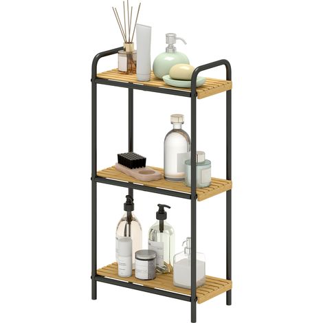 Étagère de bain bambou 3 étagères ouvertes lames acier 41,5x21,5x77,5 cm