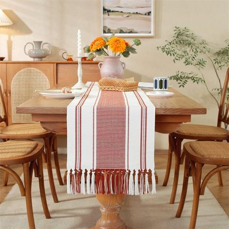 Camino de mesa bohemio de algodón y lino con borlas，35x240cm Mantel tejido a cuadros grueso y sencillo，Mantel para uso diario，bodas y vacaciones (1/5)