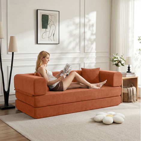Sofá cama convertible 200x100x70 cm, de 3 plazas, plegable, con cojines, pana naranja (1/5)
