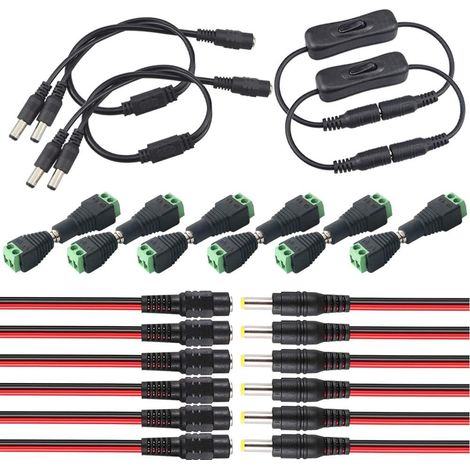 28Pcs 5.5 X 2.1mm DC Connecteur Kit: 6 Paire Power Adaptateur + 6 Paire Pigtail Cabl + 2Pcs Power Inline Interrupteur + 2Pcs Cable Splitter 1 à 2 (1/5)