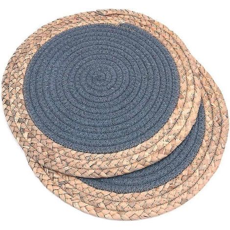 Lot de 2 sets de table ronds en corde de coton tressée, 30 cm de diamètre, avec dessous de plat isolants en paille - Gris foncé, ladaceae (1/5)