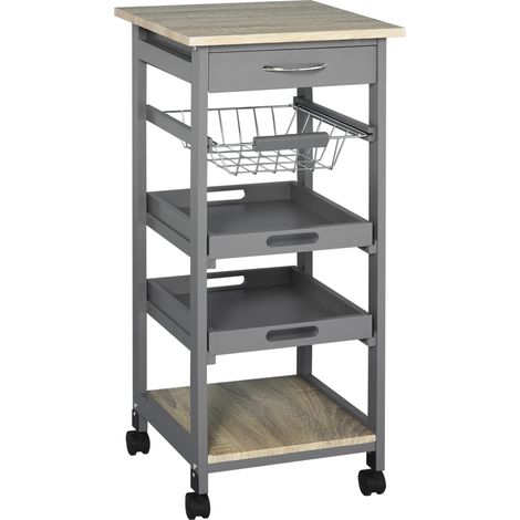 Homcom – Desserte de cuisine sur roulettes – 2 plateaux amovibles, tiroir, panier – Structure en MDF et pin – Dimensions 37l x 37P x 82H cm
