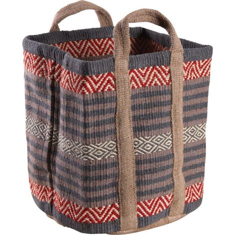 Sac à bûches en jute marron et rouge (1/4)