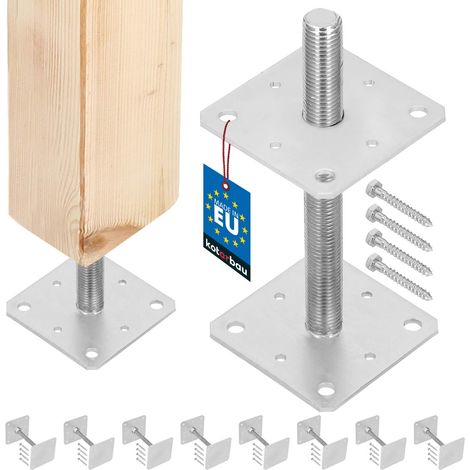 KOTARBAU® 8 pces. Support de Poteau - Acier Galvanisé - 160 x 160 x 250 mm - M24 - Argent - Pied Réglable - Support Poteau Bois - Fixation Robuste Extérieur Intérieur (1/5)