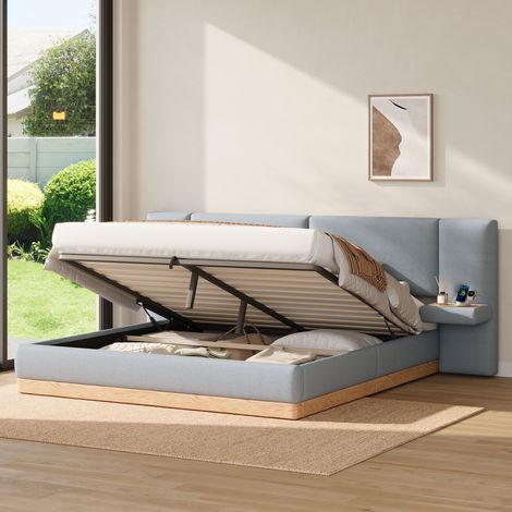 Lit coffre 140x200 cm, sommier relevable, tête de lit avec étagères et USB, revêtement teddy et PU, gris et naturel (1/5)