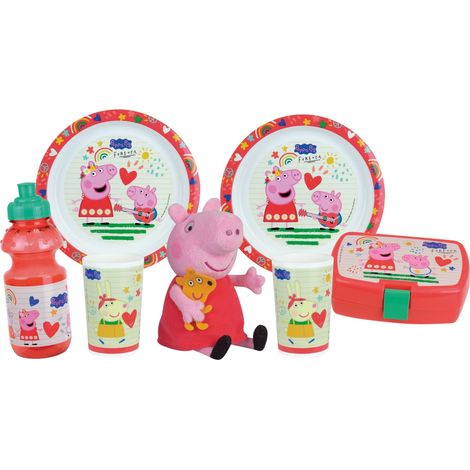 Lot vaisselle - FUN HOUSE - PEPPA PIG - 2 assiettes creuses Ø 22 cm, 2 verres 220 ml, gourde 350 ml, boîte a goûter et peluch (1/5)
