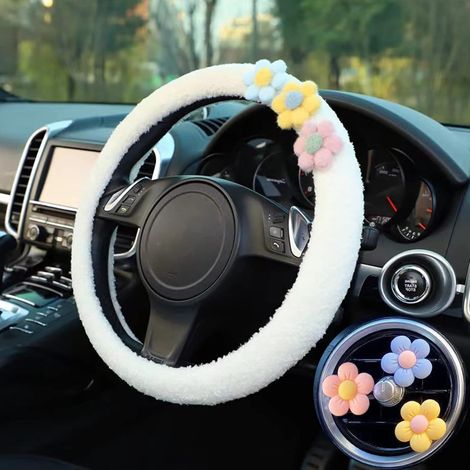 Housse de volant fleurie et mignonne - Housse de volant douce et duveteuse à motif floral avec clips de fixation pour grille d'aération, accessoire de protection pour voiture, idéal pour femmes et fil (1/4)