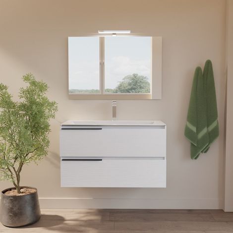 Mobile Bagno Sospeso 80 Cm Con 2 Cassetti, Lavabo Ceramica, Specchio E Lampada Led Berlin (1/5)