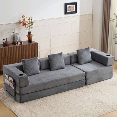Divano letto pieghevole da pavimento 277.5x92.5x60 cm, convertibile, con tasche e portabicchieri, velluto a coste grigio scuro (1/5)