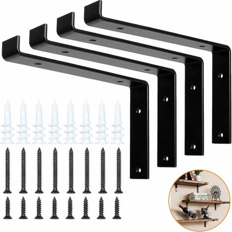 BRAVIX 4pcs Support Etagere Murale avec Lèvre, 250 mm Étagère Murale Industrielle Etagere Metal Noir de Fixation Idéal pour Planche Étagère Murale - Avec 16 Vis,