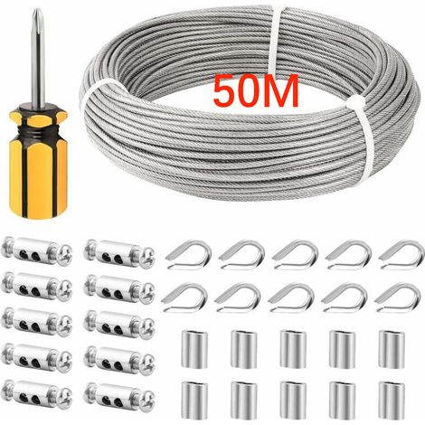 Câble en acier inoxydable gainé de 50 m/3 mm avec serre-câbles et embouts M3, fil de 3 mm pour étendoir à linge (1/5)