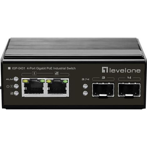 LevelOne IGP-0431 Conmutador industrial Gigabit PoE de 4 puertos, carril DIN, -40 °C a 75 °C, 180 W (1/2)