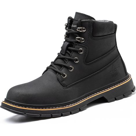Volle Größe, durchtrittsichere Arbeitsstiefel, leichtes, wasserdichtes Leder mit Stahlkappe, professionelle Sicherheitsschuhe für Damen und Herren (Schwarz, EU 38)