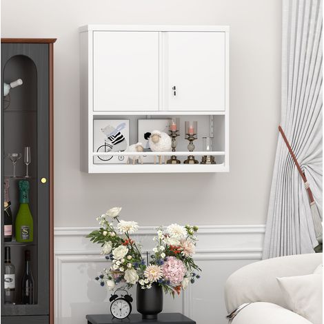 Armadio pensile 2 ante 80x30x60 cm bianco in metallo con ripiani regolabili e serratura (1/5)