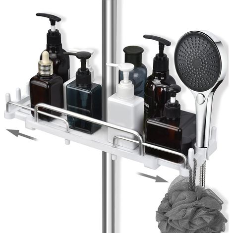 Étagère de Douche Télescopique 28-44 cm, Salle De Bain Rangement Douche sans Percage, Etagère de Rangement pour Barre de Douche de 18 à 25 mm (Blanc) (1/5)