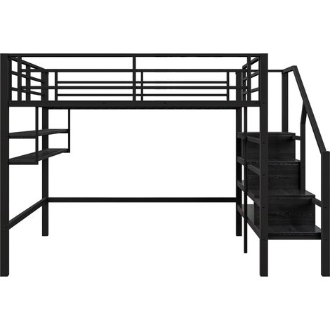 Cama alta infantil 140 x 200 cm de metal y MDF negro, con estantes y escalera de almacenamiento (1/5)