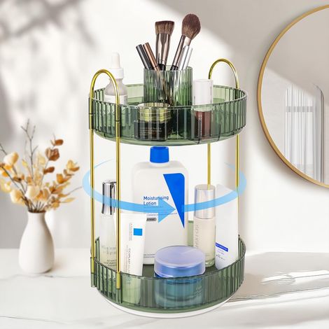 Bandeja giratoria de color verde oscuro con 2 niveles separables, para guardar cosméticos, productos para el cuidado de la piel, brochas y accesorios.