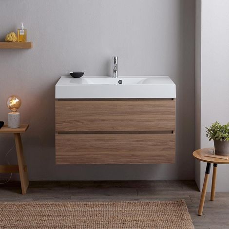 Mueble De Baño 90 Cm Roble Natural Con Lavabo Blanco Valentina (1/4)