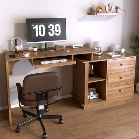 Bureau d'ordinateur multifonction contemporain avec plateau extensible, tiroir clavier, casiers ouverts et meuble de rangement à 3 tiroirs, adapté au travail à la maison et étude (1/5)