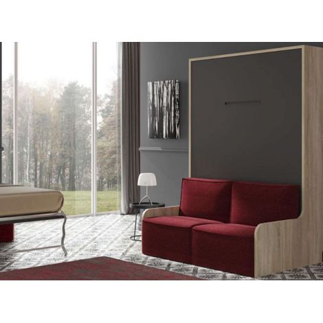 Lit escamotable vertical 90x190 avec banquette Kozza-Coffrage Noyer-Façade Noyer-Canapé Rouge (1/5)