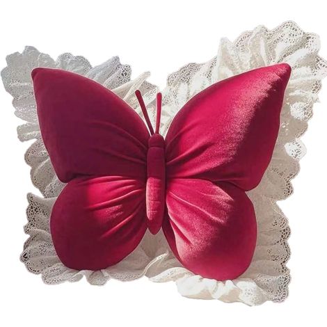 Oreiller Papillon - 50 x 40 cm - Tissu Velours avec Bordure Dentelle - Pour Canapé Lit Chaise Bureau Voiture - 1 Pièce (1/5)